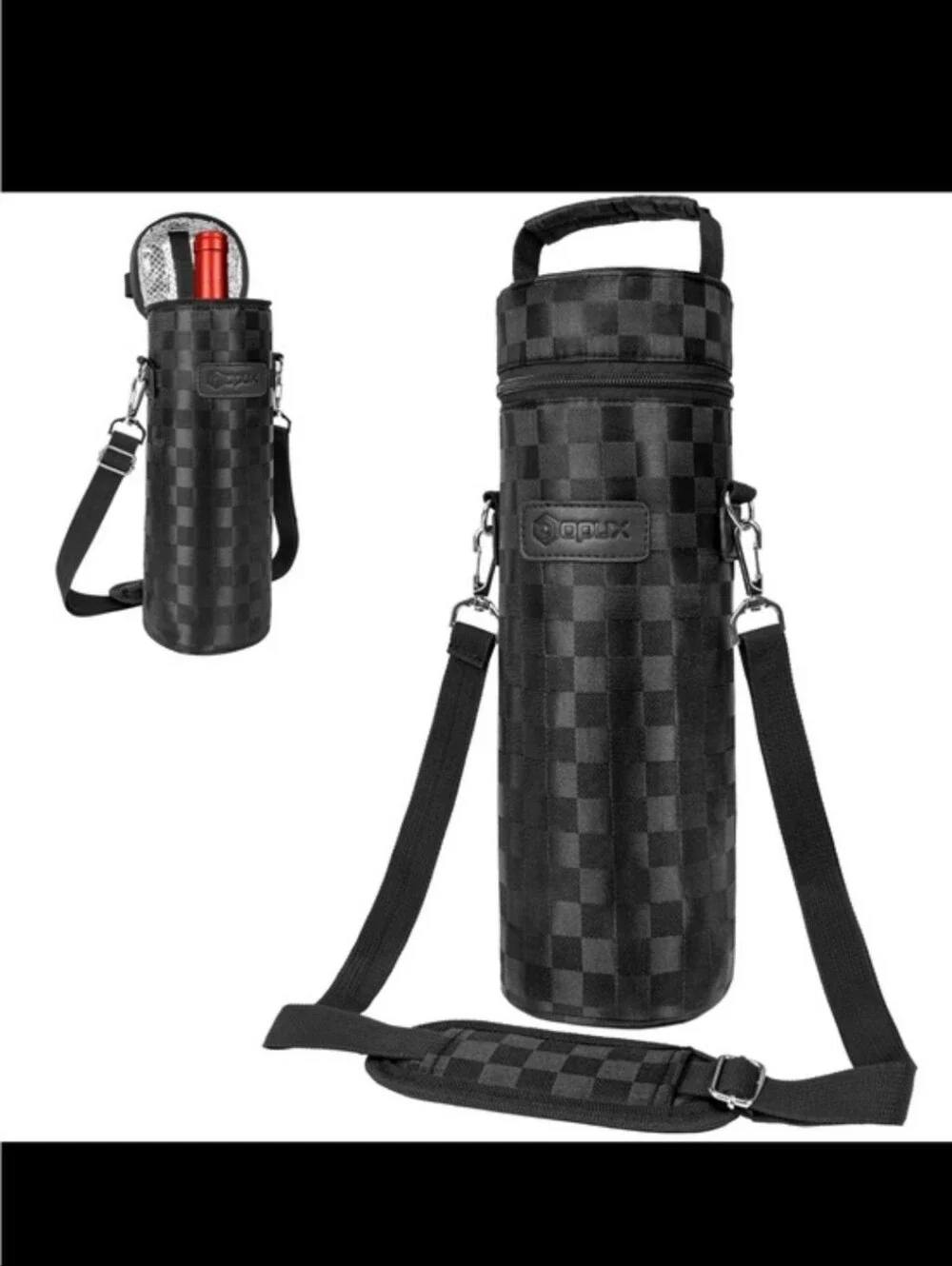 OPUX Checkered Black Insulated Wine Bottle Carrier Bag Adjustable Strap